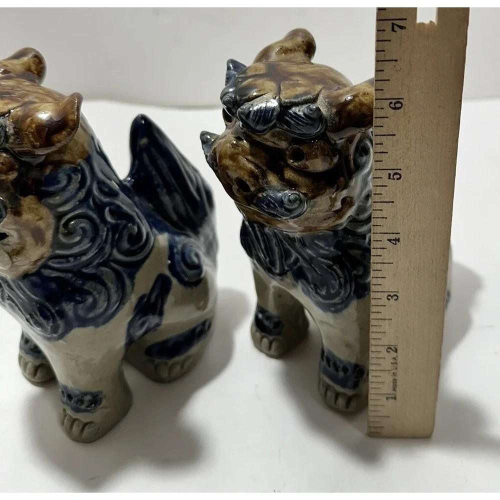 Vintage Japanese Foo Dogs Ceramic Pair Blue‎ 6 Inch Figurine